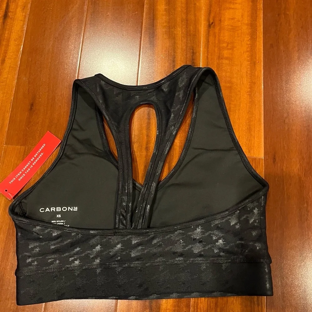 New NWT‎ Carbon38 Black Sports Bra Racerback Printed Pattern Active Athletic XS